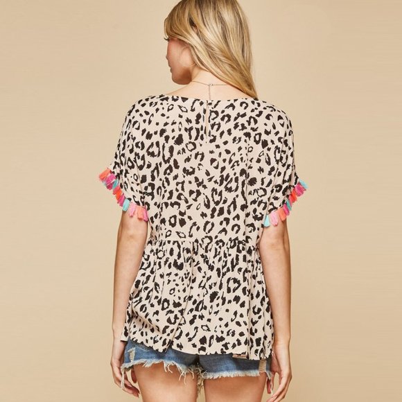 Leopard Peplum Top with Multicolor Tassels - Picture 2 of 6